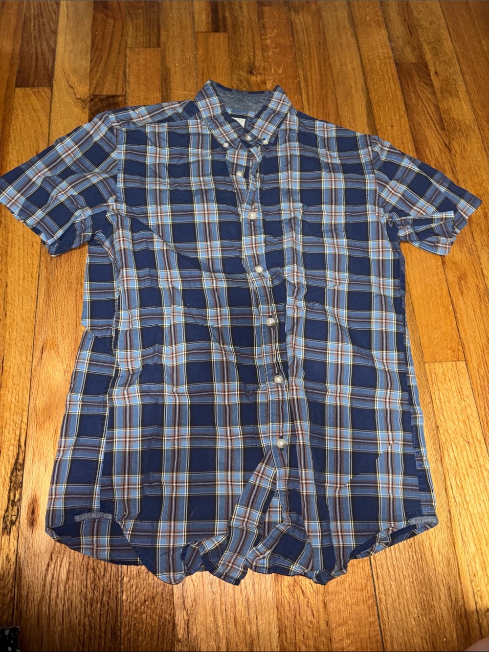 J. Crew Navy and Light Blue Plaid Short-Sleeve Button-Down Shirt